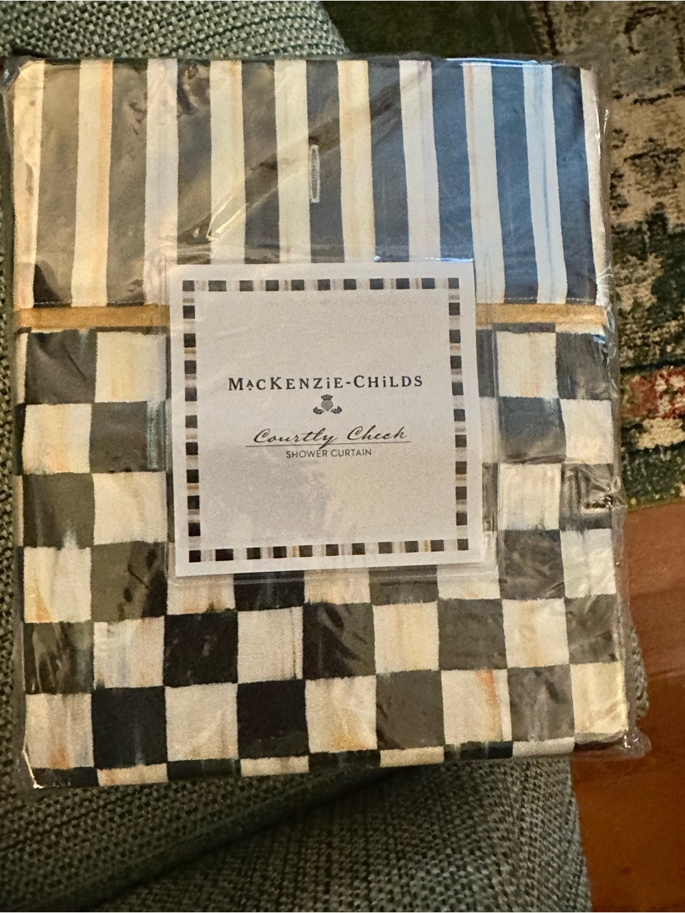 Nwt MacKenzie-Childs Courtly Check Shower Curtain in Black, White & Gold $200